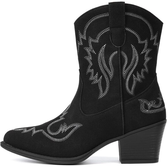 ⚡Women Black Faux Leather Ankle Cowgirl Pull-On Pointed Toe Short Western Boots - Picture 2 of 9